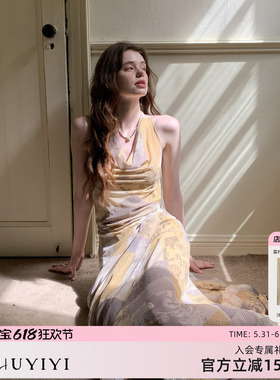 ZHUYIYI 高级感黄色印花荡领春夏掐腰连衣裙女显瘦修身原创设计