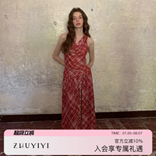 ZHUYIYI 新款格子挂脖短袖连衣裙女夏收腰显瘦长裙原创设计
