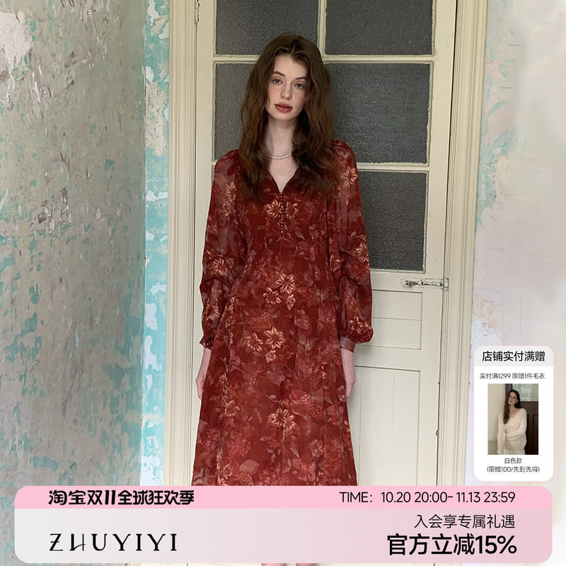 ZHUYIYI 碎花灯笼袖复古法式长袖连衣裙女2026新款原创设计秋季