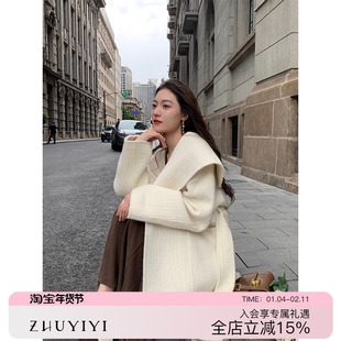 ZHUYIYI 韩国白色毛呢外套女短款小个子翻领手工双面呢羊绒大衣女