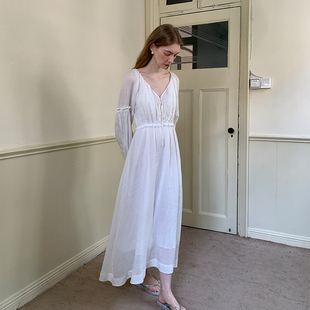 气质白色早秋连衣裙女长裙高级感收腰显瘦 法式 ZHUYIYI 100苎麻