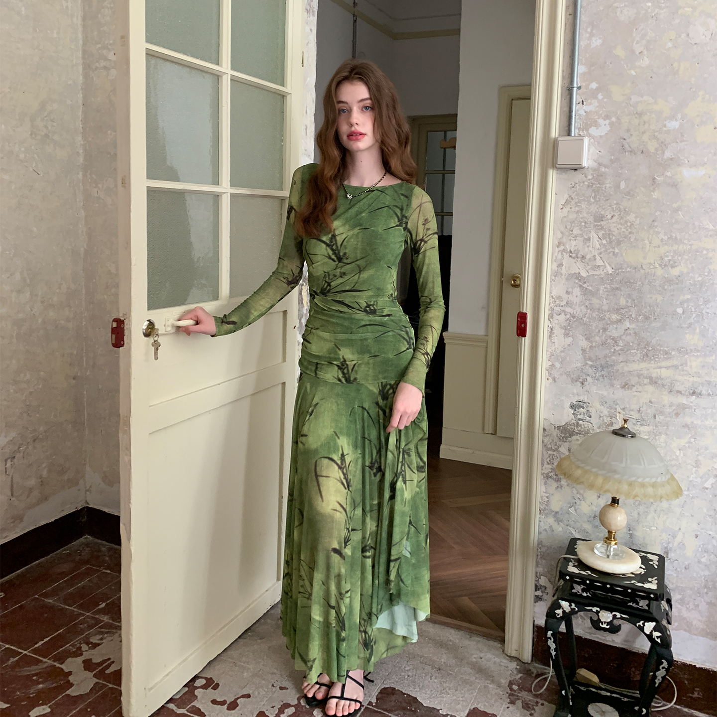 ZHUYIYI 早秋法式高级感新款绿色薄纱印花长袖连衣裙女显瘦设计感