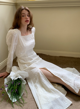 ZHUYIYI 法式蕾丝春季白色连衣裙长女开叉高级感长款2025新款
