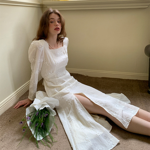 2025新款 ZHUYIYI 白色连衣裙长女开叉高级感长款 蕾丝春季 法式