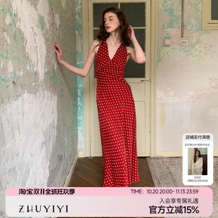 ZHUYIYI 法式高级感新款深V红色波点挂脖连衣裙女夏设计感长裙