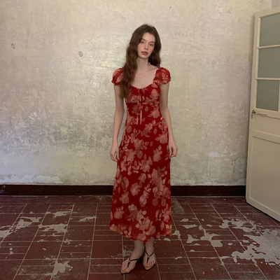 ZHUYIYI 新款碎花无袖连衣裙女夏收腰显瘦长裙露背高级感