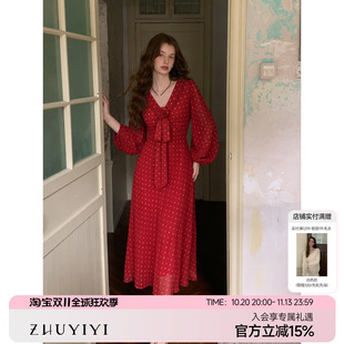ZHUYIYI 高级感新款复古长袖连衣裙女秋季收腰红色波点原创长裙