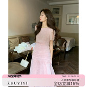 ZHUYIYI 雪纺长裙子 温柔气质收腰显瘦修身 粉色连衣裙女夏新款 法式