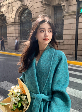 蓝色系带双面羊绒大衣女冬2025新款中长款蚕丝兔绒羊毛呢子外套