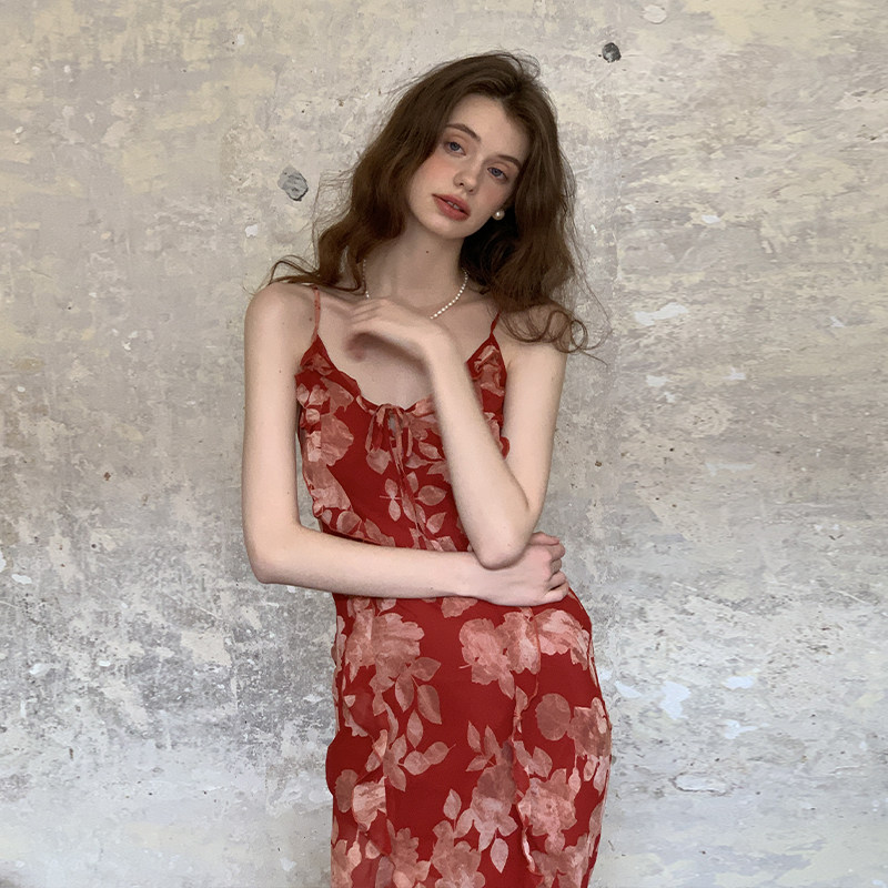 ZHUYIYI 原创设计法式荷叶边印花度假细吊带红色连衣裙女夏长裙