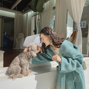 收腰宽松蓝色毛呢外套冬季 ZHUYIYI 高级感连帽双面羊绒大衣女长款