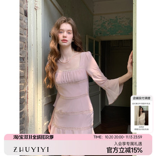 ZHUYIYI 新款粉色半袖连衣裙女方领收腰显瘦修身短款原创设计早秋