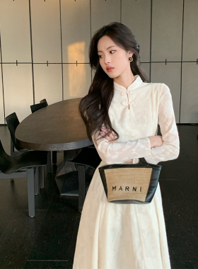 ZHUYIYI 新中式盘扣旗袍长袖白色春季连衣裙女气质收腰长款高级感