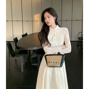 白色连衣裙女初春气质收腰长款 盘扣旗袍长袖 高级感 新中式 ZHUYIYI