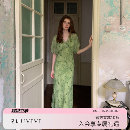 ZHUYIYI 茶歇系新款中袖印花薄纱连衣裙女夏收腰显瘦长裙高级感