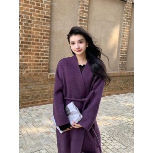 ZHUYIYI 紫色双面羊绒大衣女秋冬长款系带无领韩版高级感毛呢外套