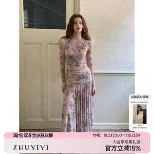 ZHUYIYI 高级感新款印花长袖连衣裙女修身显瘦秋季收腰原创设计