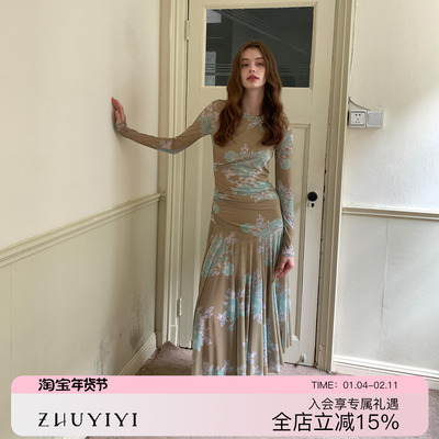 ZHUYIYI 秋冬新款绿色薄纱长袖秋季连衣裙女收腰显瘦设计感原创