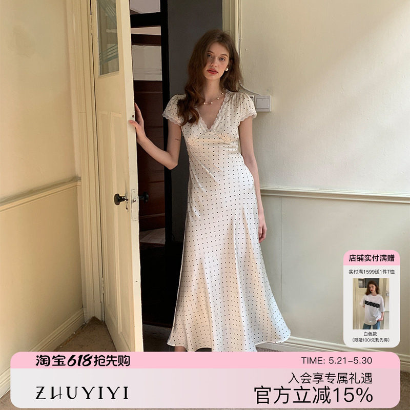 ZHUYIYI 法式高级感蕾丝波点连衣裙女原创设计小众收腰显瘦长裙