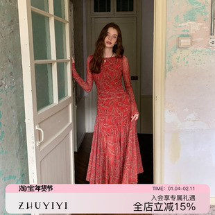 ZHUYIYI 法式新款红色腰果花长袖秋冬红色连衣裙女收腰显瘦设计感