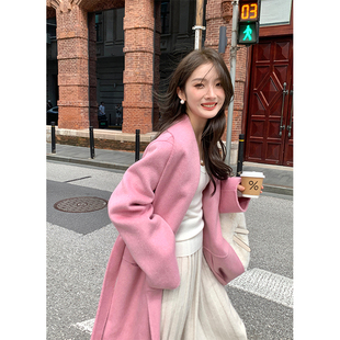 ZHUYIYI 高级感毛呢外套 粉色双面羊绒大衣女秋冬气质宽松加厚长款