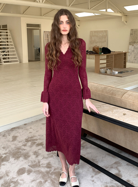 ZHUYIYI 新款法式针织加绒红色冬季连衣裙女蕾丝收腰高级感显瘦