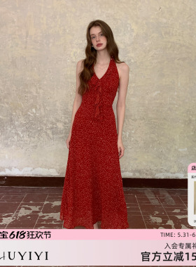 ZHUYIYI 新款波点荷叶领连衣裙女夏季红色长裙收腰显瘦原创设计