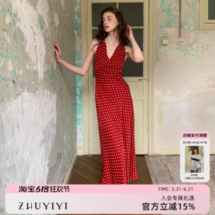 ZHUYIYI 法式高级感新款深V红色波点挂脖连衣裙女夏设计感长裙