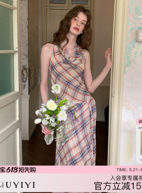 ZHUYIYI 新款格纹高级感无袖背带式荡领连衣裙女夏不规则原创长裙