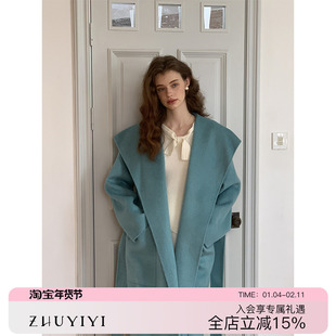 ZHUYIYI 高级感双面羊绒大衣女冬季全羊毛加厚中长款连帽大翻领
