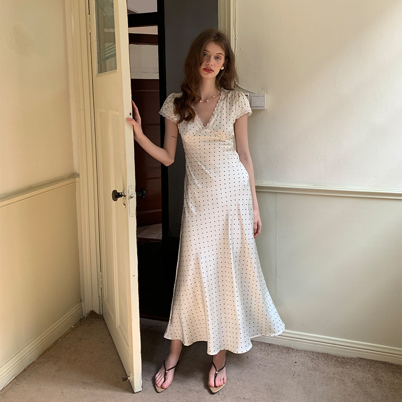 ZHUYIYI 法式高级感蕾丝波点连衣裙女原创设计小众收腰显瘦长裙