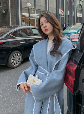 ZHUYIYI 雾霾蓝色双面羊绒大衣女长款连帽高端呢子外套24秋冬新款