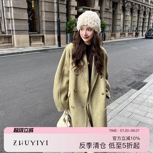 气质宽松廓形加厚毛呢外套骆驼绒 绿色双面羊绒大衣女2024秋冬新款