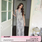 ZHUYIYI 咖色挂脖无袖 连衣裙女夏收腰显瘦长裙露背性感原创设计
