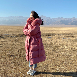 玫红色白鹅绒羽绒服女冬季中长款过膝收腰加厚狐狸大毛领鸭绒外套