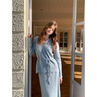 女开春两件套 半裙套装 ZHUYIYI 绵羊毛花边针织毛衣慵懒风上衣