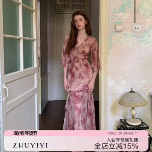 ZHUYIYI 新款气质法式碎花五分袖连衣裙女夏收腰修身长裙原创