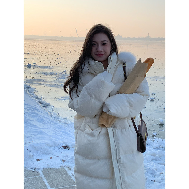 白色长款连帽狐狸毛领羽绒服女冬季2025年新款加厚高端白鹅绒外套