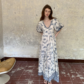 新款 亚麻印花连衣裙女夏季 高级感原创设计收腰 青花瓷 ZHUYIYI