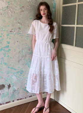 ZHUYIYI 法式白色简约薄纱连衣裙女夏短袖收腰显瘦原创设计中长裙