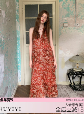 ZHUYIYI 100苎麻印花高级感挂脖红色连衣裙女原创新款度假长裙