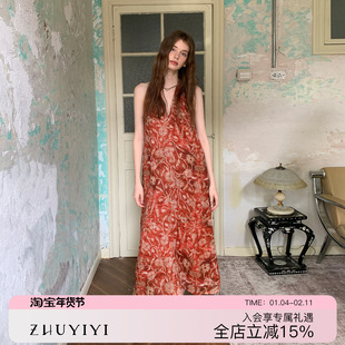 ZHUYIYI 100苎麻印花高级感挂脖显瘦连衣裙女原创设计新款长裙