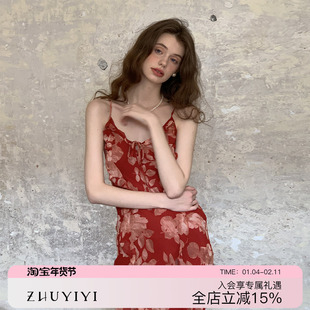 ZHUYIYI 原创设计法式荷叶边印花度假吊带红色连衣裙女夏新款长裙