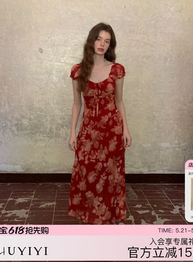 ZHUYIYI 新款碎花无袖红色连衣裙女夏收腰显瘦长裙露背高级感