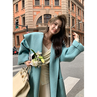 ZHUYIYI 大翻领连帽毛呢外套 双面羊绒大衣女秋冬全羊毛加厚长款