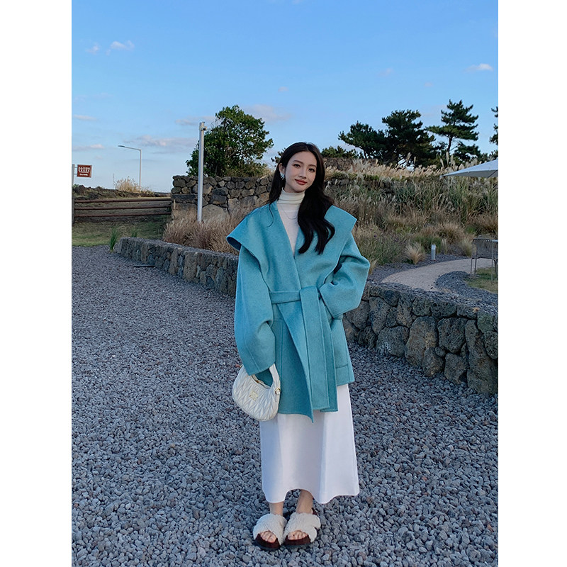 2025冬季新款蓝色双面羊绒大衣女气质系带宽松全羊毛短款毛呢外套,女装/女士精品,毛呢外套,淘宝优惠券,粉丝福利购,淘宝优惠卷