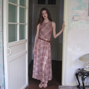 连衣裙女夏修身 格子无袖 收腰显瘦设计感长裙送腰带 新款 ZHUYIYI
