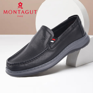 梦特娇男鞋2023夏季新款商务休闲超轻厚底皮鞋男镂空透气软面凉鞋