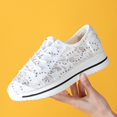 汤姆斯女鞋 透气单网松紧带蕾丝网鞋 2025夏季 Tt&Mm 厚底松糕帆布鞋