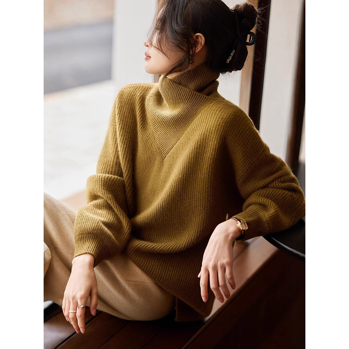 山羊绒衫女100纯羊绒高领秋冬新款宽松灯笼袖慵懒休闲加厚毛衣针